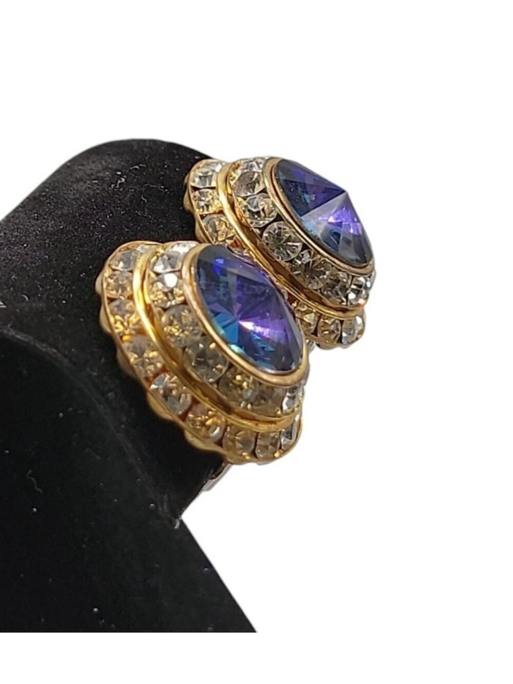 Vintage Lilac Rivoli Clip On Earrings Double Crystal Halo Domed Gold Tone - Picture 7 of 11
